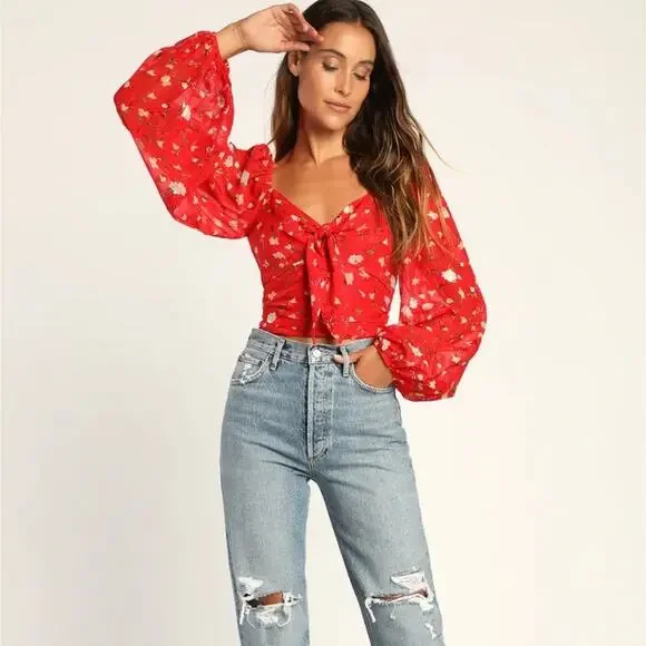 Lulu's red floral tie front long sleeve top - Picture 14 of 14
